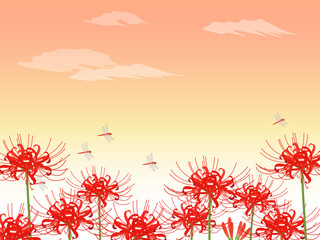 彼岸花とトンボの夕焼け風景_背景_ベクターイラスト © あ こ
