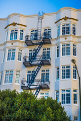 San Francisco, California - February 12 2018:  Details architectural tradicional buildings Downtown San Francisco, CA, EUA