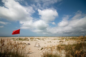 red flag on windy empty beach