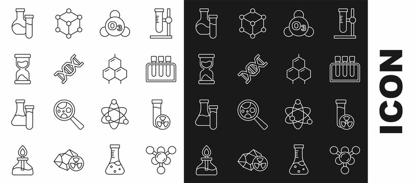 Set line Molecule, Test tube with toxic liquid, Ozone, DNA symbol, Old hourglass, and Chemical formula icon. Vector