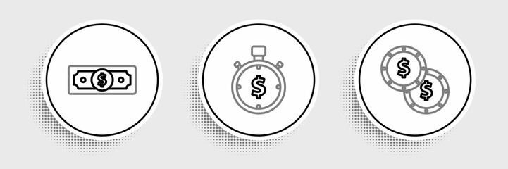 Set line Coin money with dollar symbol, Stacks paper cash and Time is icon. Vector