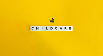 Childcare Word on Block Letter Cubes on Yellow Background. Minimal Aesthetics.