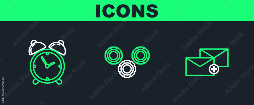 Poster set line envelope, alarm clock and gear icon. vector