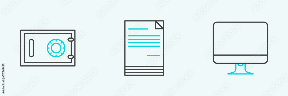 Poster set line computer monitor screen, safe and document icon. vector
