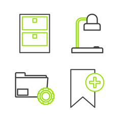 Set line Bookmark, Folder settings with gears, Table lamp and Archive papers drawer icon. Vector