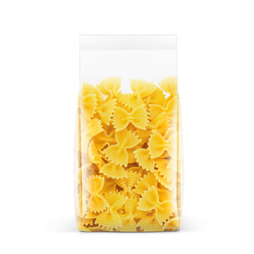 Transparent package with farfalle pasta isolated on white background. Vector illustration. Can be use for template your design, promo, adv. EPS10.	