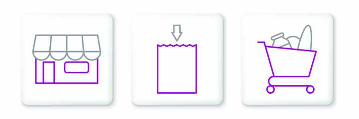 Set line Shopping cart and food, building or market store and Paper shopping bag icon. Vector