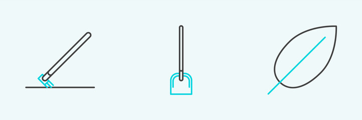Set line Leaf, Garden rake in work and Shovel icon. Vector
