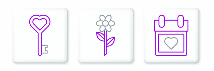 Set line Calendar with heart, Key in shape and Flower icon. Vector