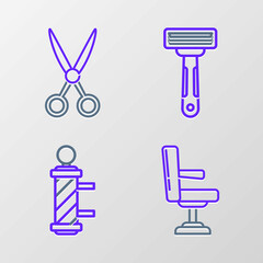 Set line Barbershop chair, Classic pole, Shaving razor and Scissors hairdresser icon. Vector