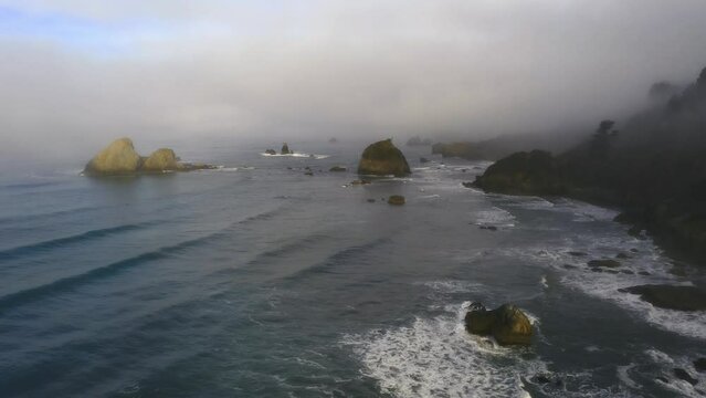 Cloudy foggy coastline in the morning Humboldt County Northern California off Highway 101 on the Pacific Ocean in the fall