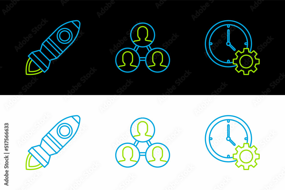 Poster set line time management, rocket ship with fire and project team base icon. vector
