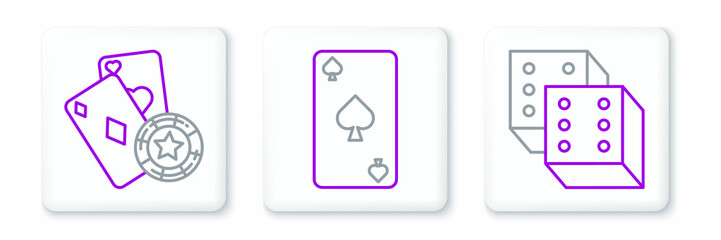 Set line Game dice, Casino chip and playing cards and Playing with spades symbol icon. Vector