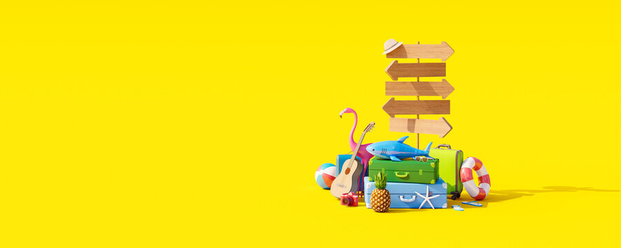 Summer travel concept with signpost and vacation accessories on yellow background 3D Render 3D illustration