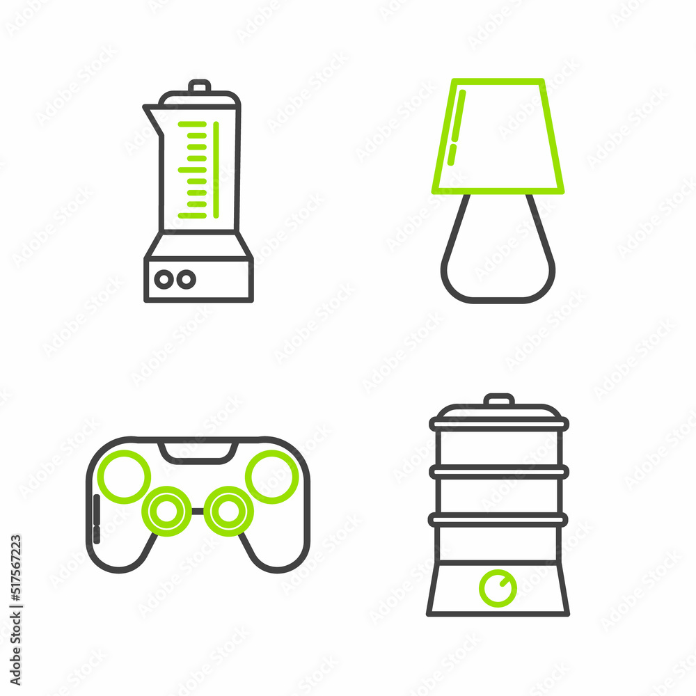 Poster set line double boiler, gamepad, table lamp and blender icon. vector
