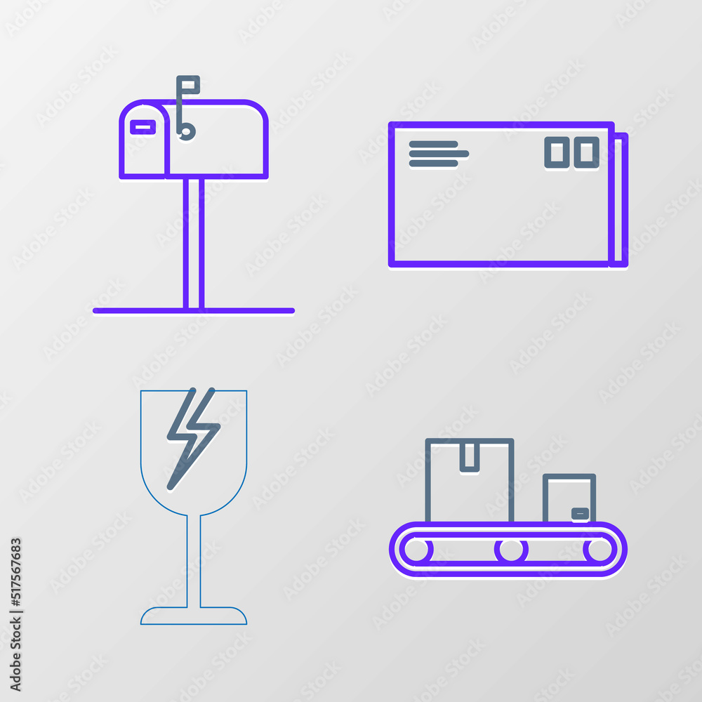Poster set line conveyor belt with cardboard box, fragile broken glass symbol, envelope and open mail icon.