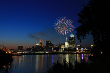 Fireworks on the Ohio River with Cincinnati Skyline