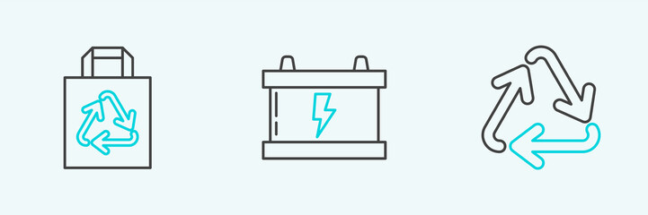 Set line Recycle symbol, Paper shopping bag with recycle and Car battery icon. Vector