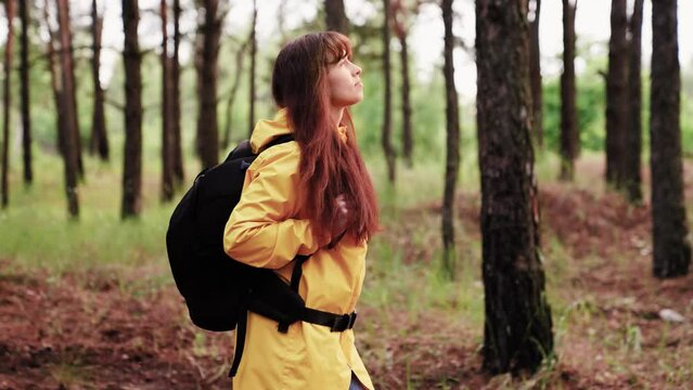 Free travel concept, Hiking woman tourist in forest in rain. Free tourist girl walking with backpack through dense forest nature on summer day. Woman on vacation walking alone in forest, meditation