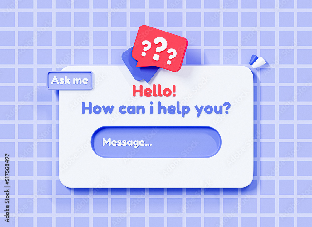 Poster 3d ask me a question and online support chat box. social network and media faq concept. chatbot for 