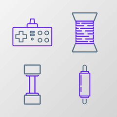 Set line Rolling pin, Dumbbell, Sewing thread on spool and Gamepad icon. Vector
