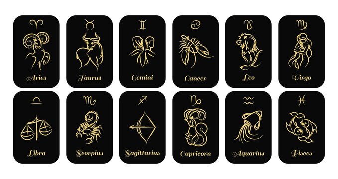 Vector Zodiac constellations and signs. Horoscope cards with constellation stars, decorative zodiac sketch symbols in gold on black background. Isolated vector illustration icons set