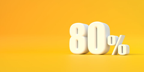 Glossy white eighty percent sign on yellow background. 80% discount on sale. 3d rendering illustration