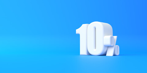 Glossy white ten percent sign on blue background. 10% discount on sale. 3d rendering illustration