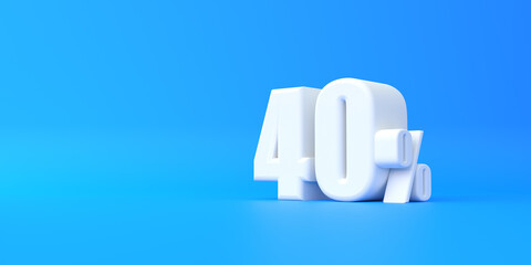 Glossy white fourty percent sign on blue background. 40% discount on sale. 3d rendering illustration