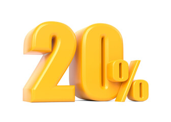Glossy yellow twenty percent sign isolated on white background. 20% discount on sale. 3d rendering illustration