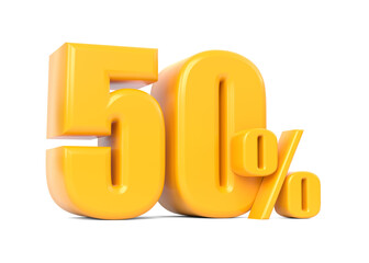 Glossy yellow fifty percent sign isolated on white background. 50% discount on sale. 3d rendering illustration