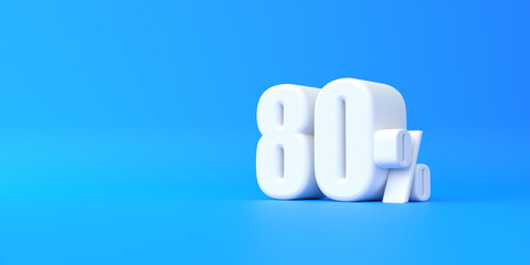 Glossy white eighty percent sign on blue background. 80% discount on sale. 3d rendering illustration