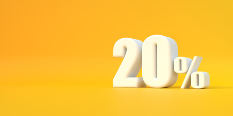 Glossy white twenty percent sign on yellow background. 20% discount on sale. 3d rendering illustration