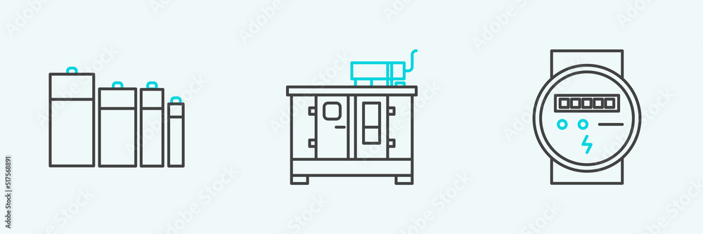 Poster set line electric meter, battery and diesel power generator icon. vector