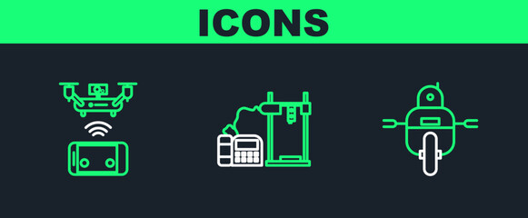 Set line Robot, Remote aerial drone and 3D printer icon. Vector