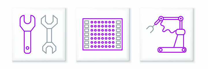 Set line Industrial machine robotic robot arm hand factory, Spanner and Printed circuit board PCB icon. Vector