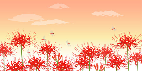 彼岸花とトンボの夕焼け風景_背景（2：1）_ベクターイラスト © あ こ