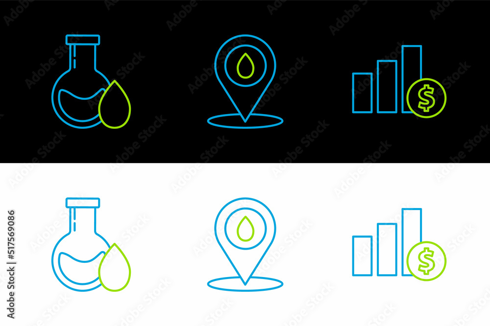 Canvas Prints Set line Pie chart infographic and dollar, Oil petrol test tube and Refill fuel location icon. Vector