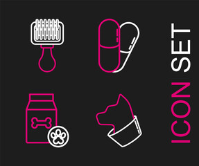 Set line Cat, Bag of food for pet, Dog and pills and Hair brush dog cat icon. Vector