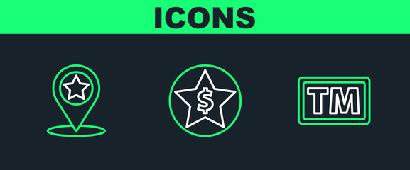 Set line Trademark, Map pointer with star and Star and dollar icon. Vector