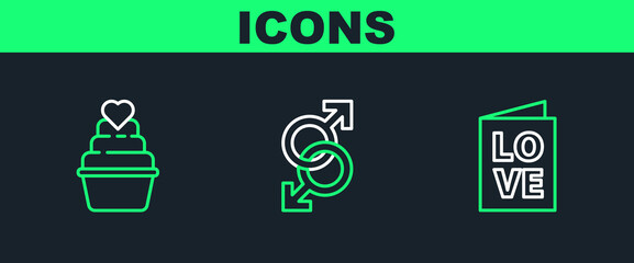 Set line Valentines day party flyer, and Male gender symbol icon. Vector