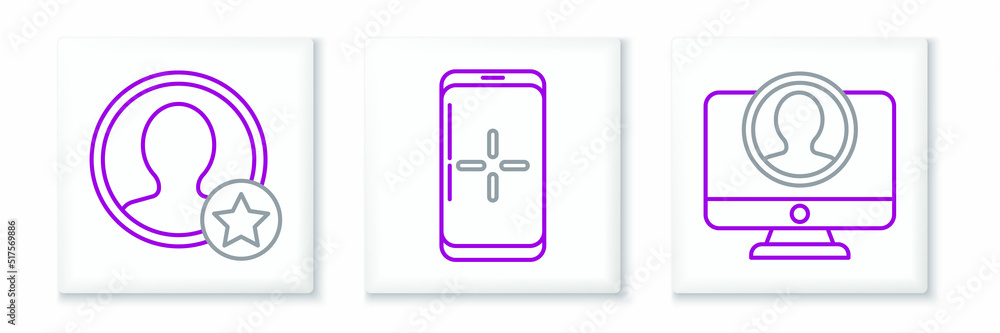 Poster set line create account screen, premium create and smartphone and playing in game icon. vector