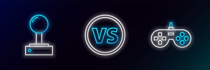 Set line Gamepad, Joystick for arcade machine and VS Versus battle icon. Glowing neon. Vector © Oksana
