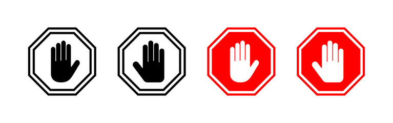 Obraz premium Stop icon vector. stop road sign. hand stop sign and symbol. Do not enter stop red sign with hand