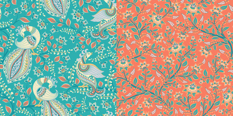 Floral seamless pattern with peacocks in Indian style. Kalamkari. Set of 2 seamless vector patterns.