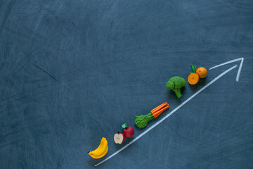 food prices.Vegetables and fruits price increase.vegetables and fruits and up arrows on black chalk board background.