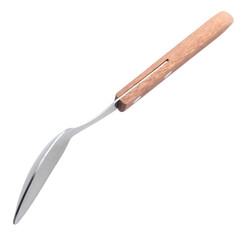 metal spoon with wooden handle close-up on a white background
