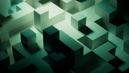 Neatly Arranged Glossy Cubes. Green and Black, Futuristic Tech Wallpaper. 3D Render.