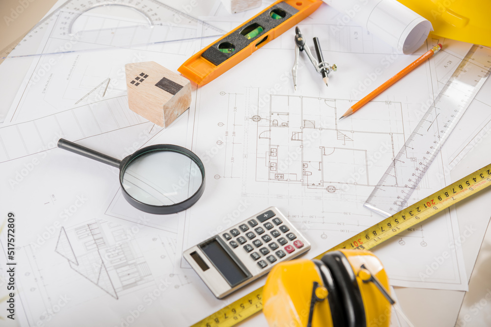 Poster architectural project workplace. top view of house plan blueprint paper with repair tools on table d