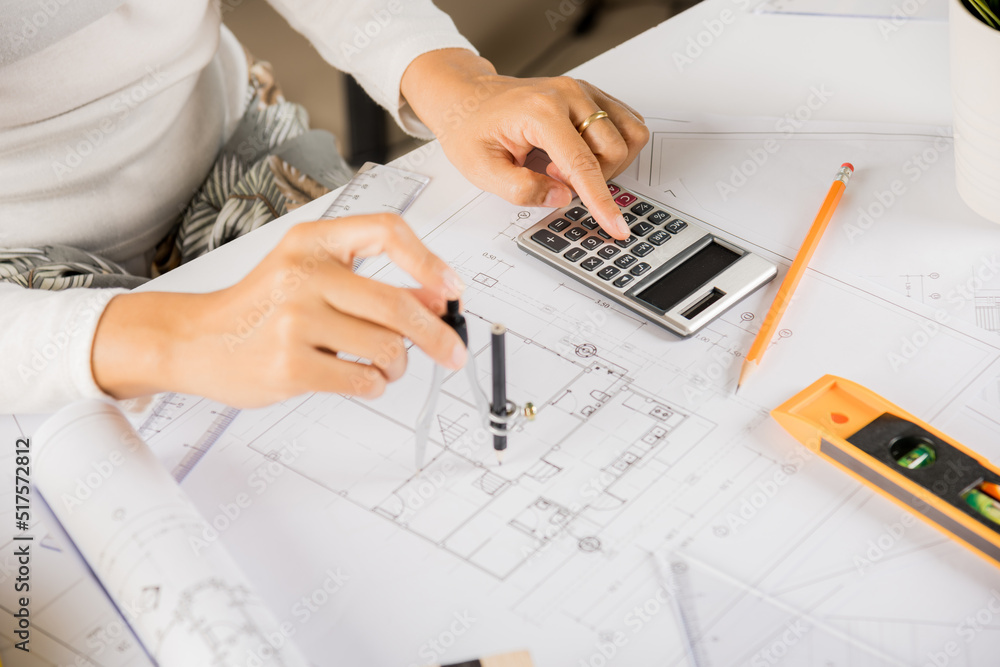 Poster architectural project workplace. engineer sketching construction project, architect drawing with div